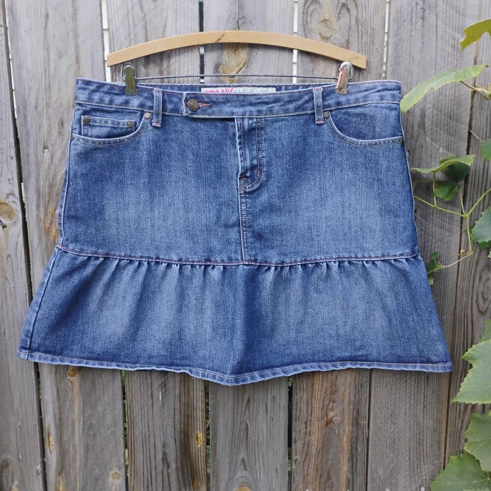 Spank Jeans Y2K Ruffle Drop Waist Mini Denim Skirt Size 18 Blue Ultra Flirt